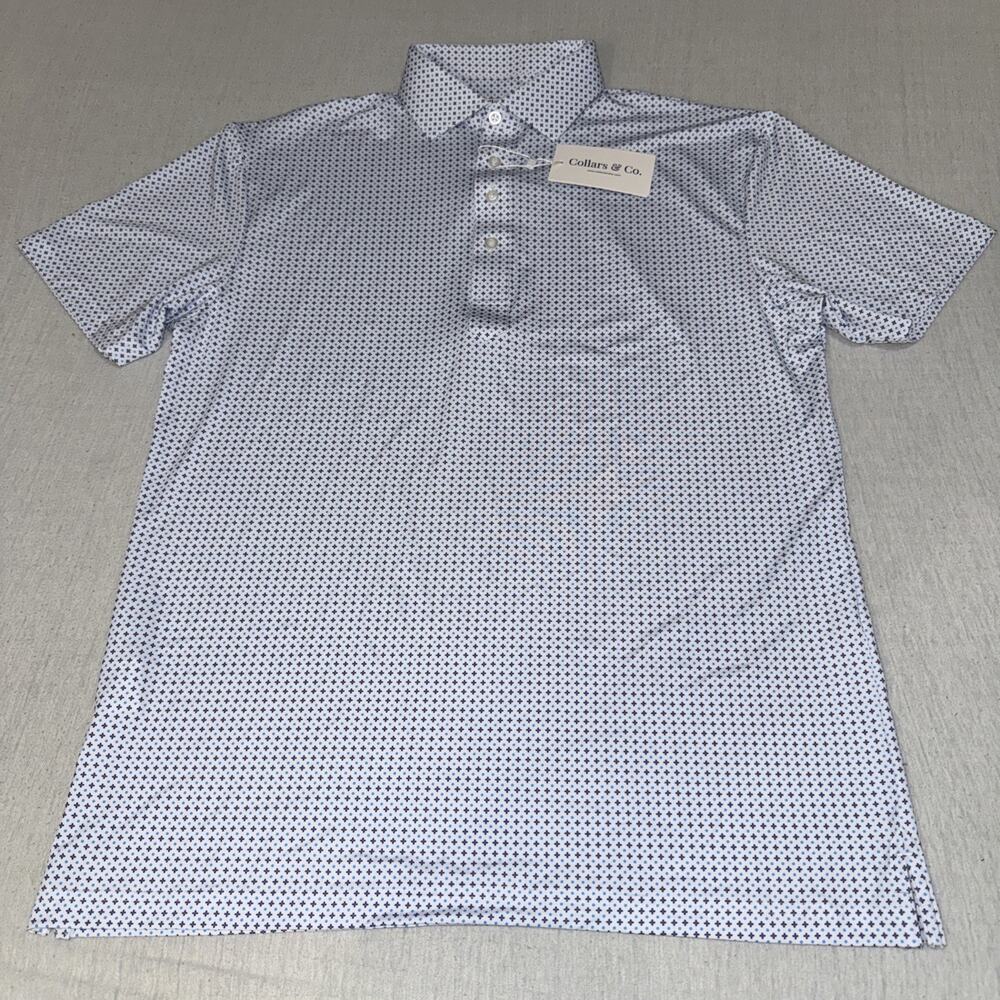 Collars and Co Golf Polo Geometric White AOP Size Medium Preppy NWT